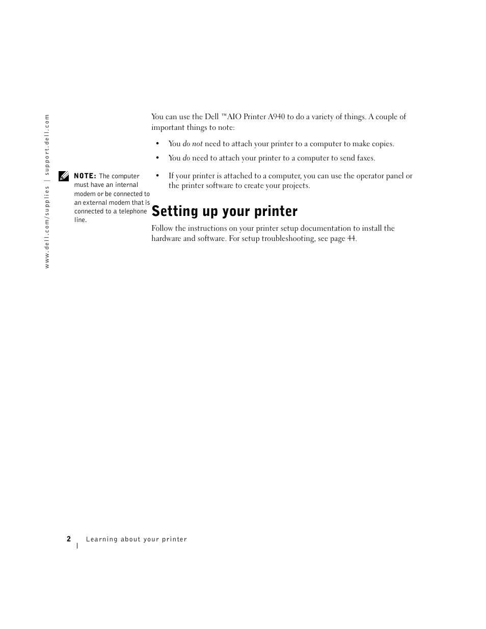 Setting up your printer | Dell A940 All In One Personal Printer User Manual | Page 14 / 102