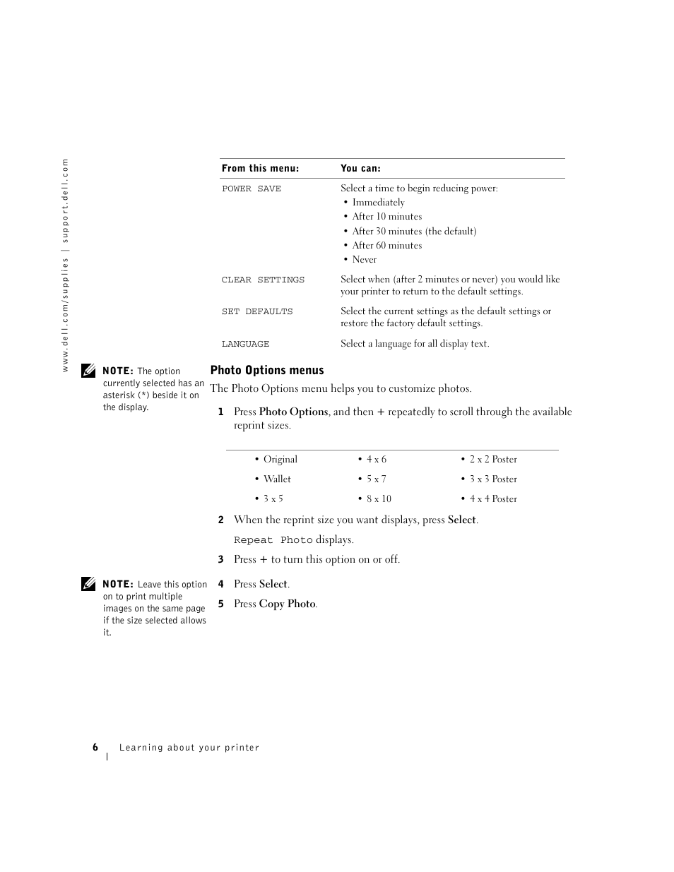 Photo options menus | Dell A940 All In One Personal Printer User Manual | Page 18 / 102