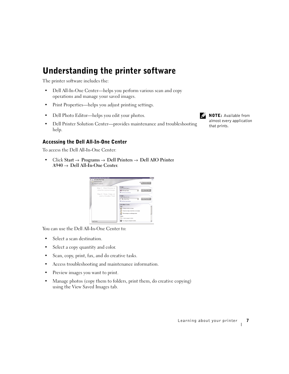 Understanding the printer software, Accessing the dell all-in-one center | Dell A940 All In One Personal Printer User Manual | Page 19 / 102