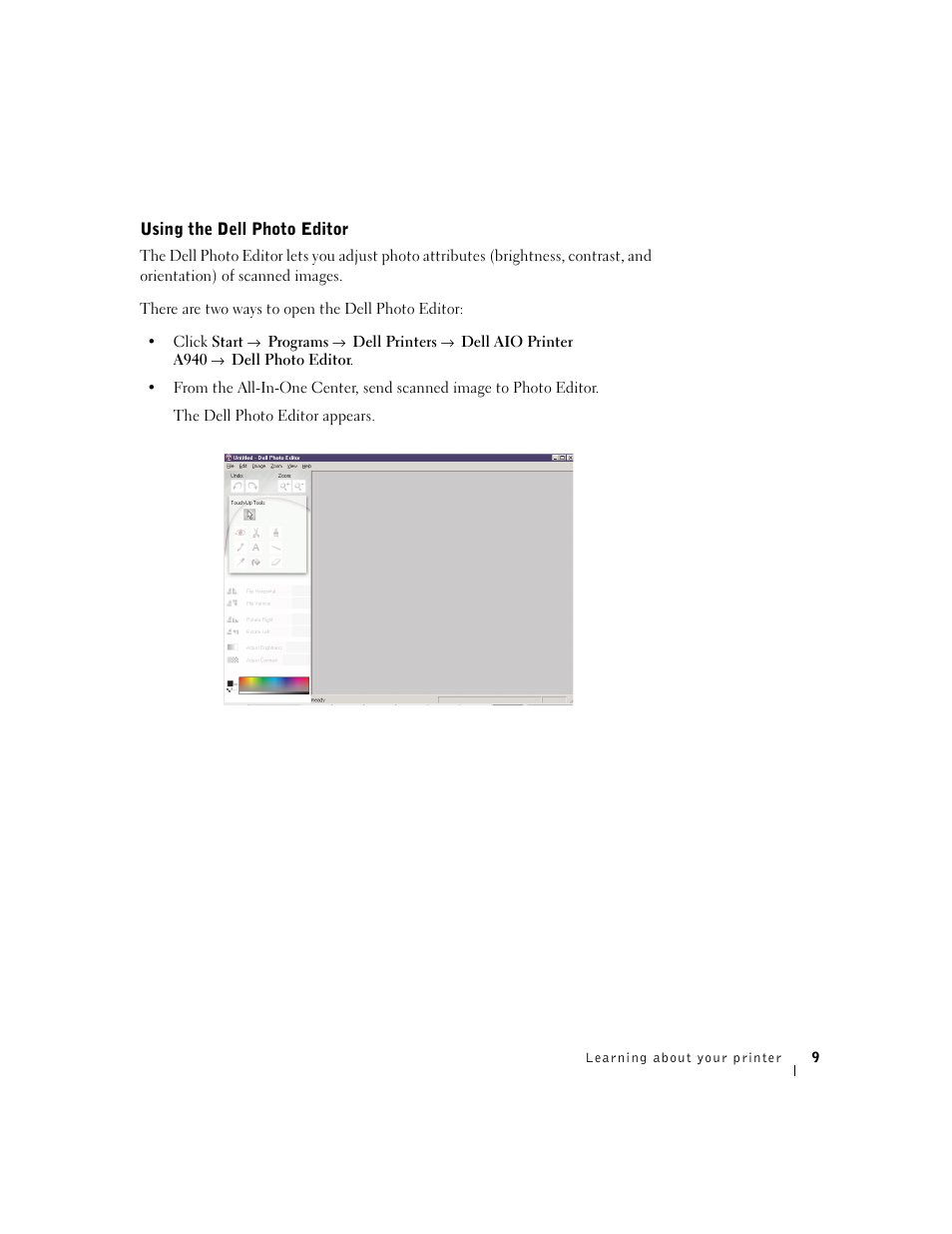 Using the dell photo editor | Dell A940 All In One Personal Printer User Manual | Page 21 / 102