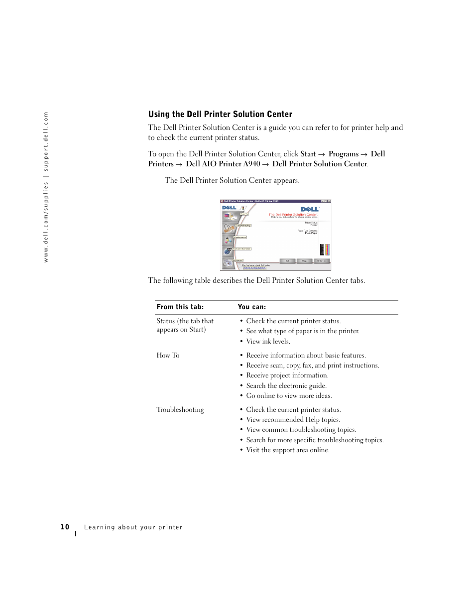 Using the dell printer solution center | Dell A940 All In One Personal Printer User Manual | Page 22 / 102