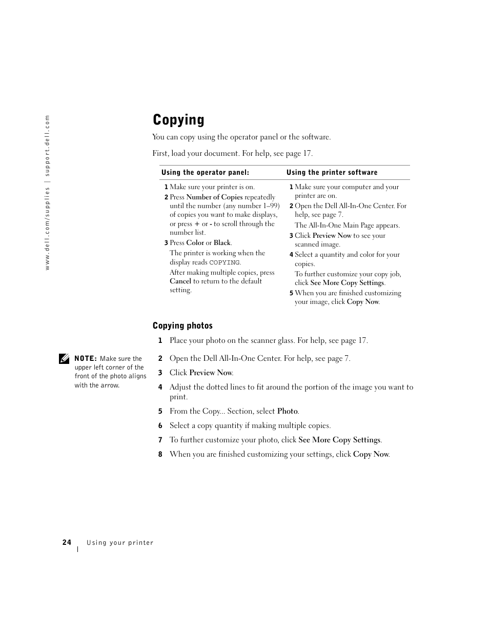 Copying, Copying photos | Dell A940 All In One Personal Printer User Manual | Page 36 / 102