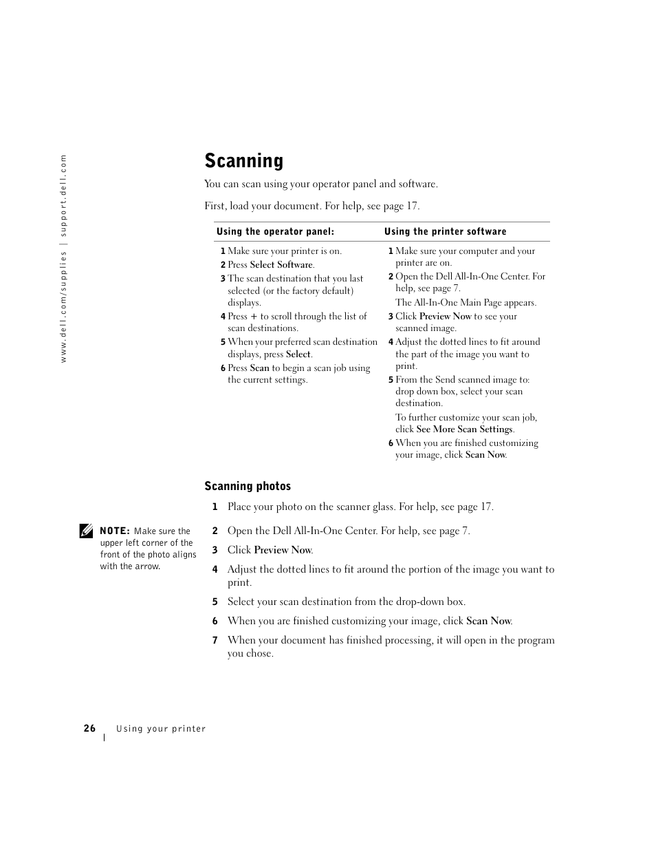 Scanning, Scanning photos | Dell A940 All In One Personal Printer User Manual | Page 38 / 102