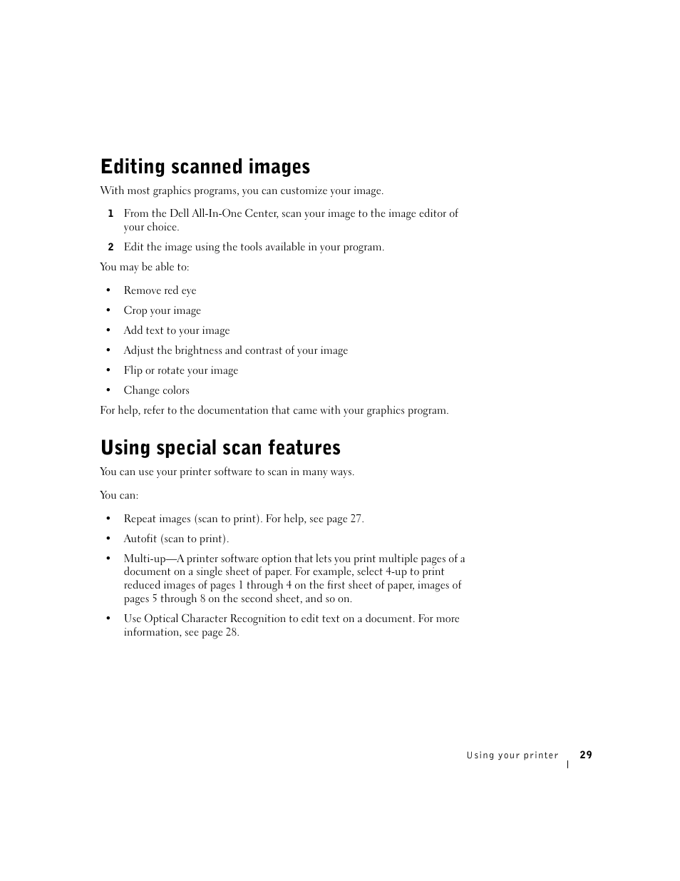 Using special scan features, Editing scanned images | Dell A940 All In One Personal Printer User Manual | Page 41 / 102