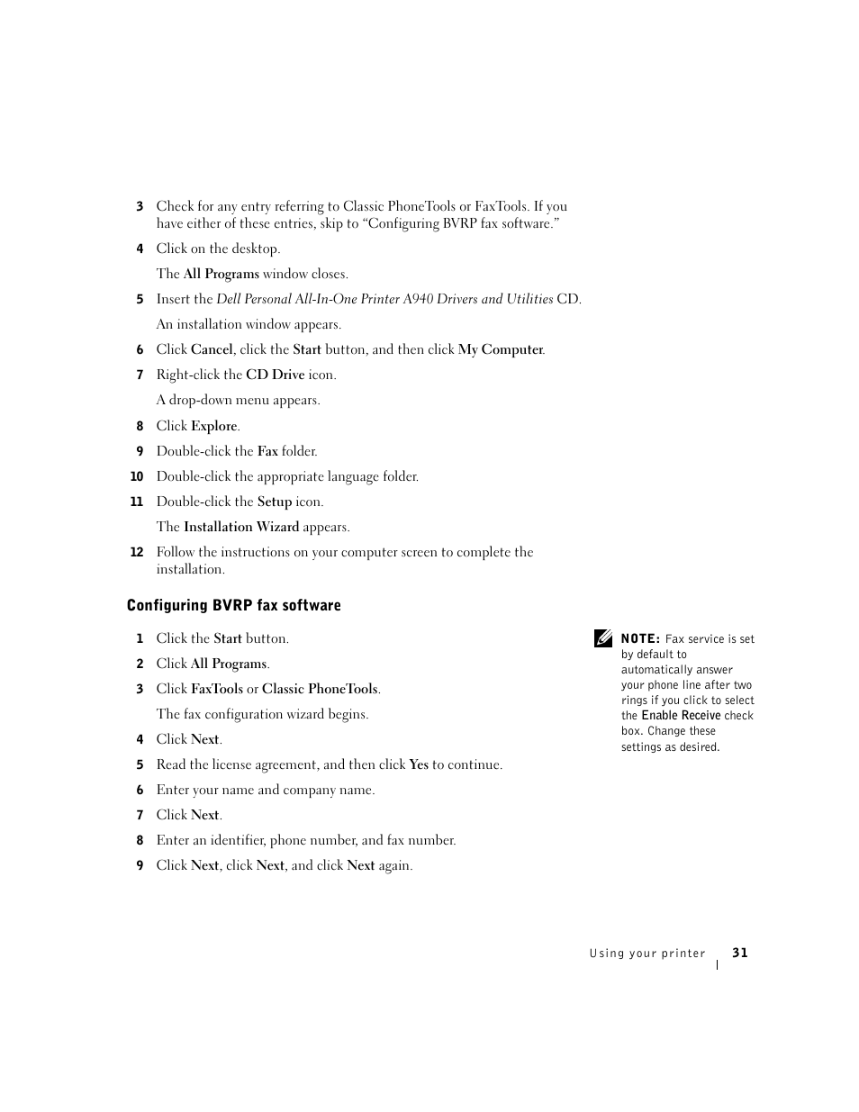 Configuring bvrp fax software | Dell A940 All In One Personal Printer User Manual | Page 43 / 102