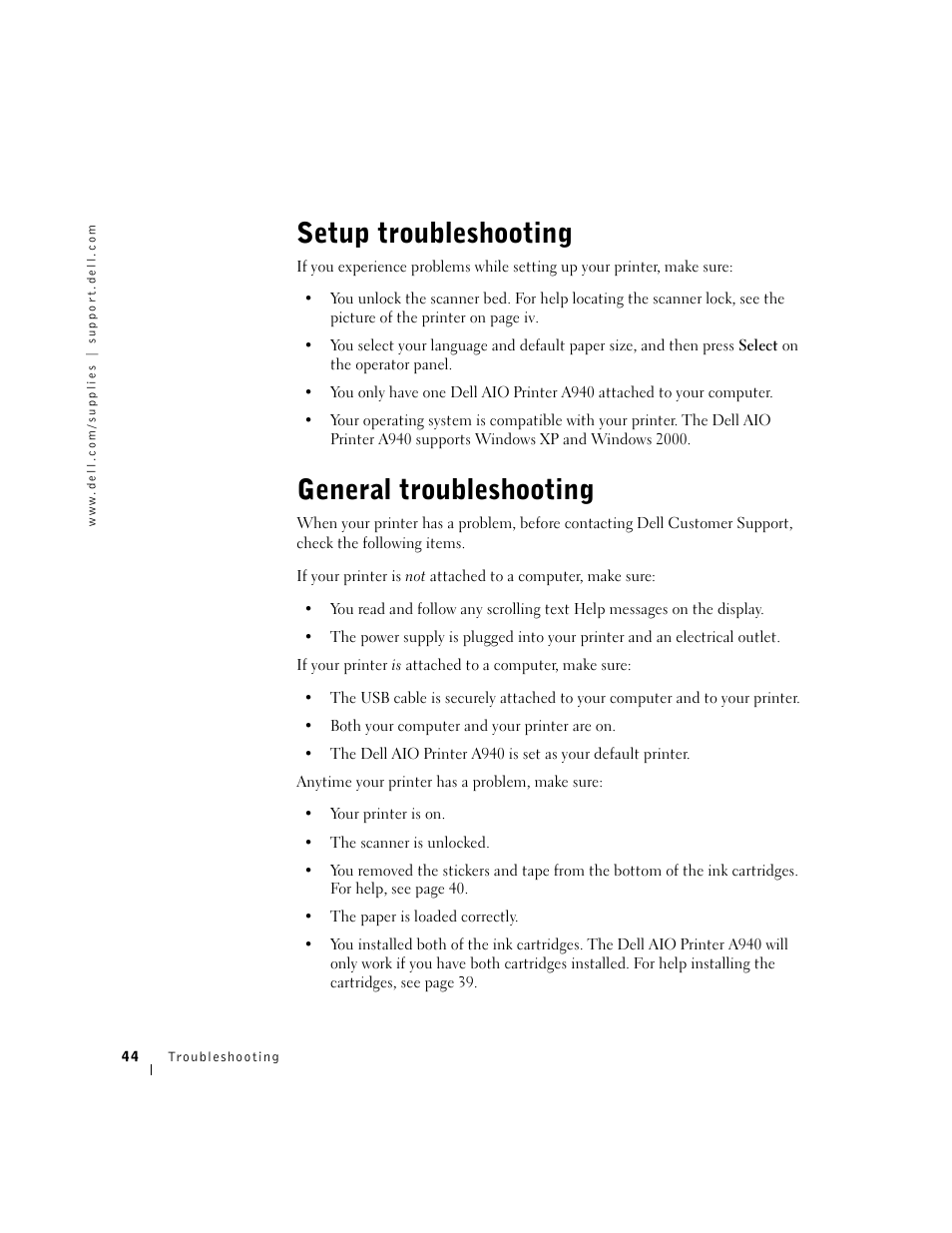 General troubleshooting, Setup troubleshooting | Dell A940 All In One Personal Printer User Manual | Page 56 / 102