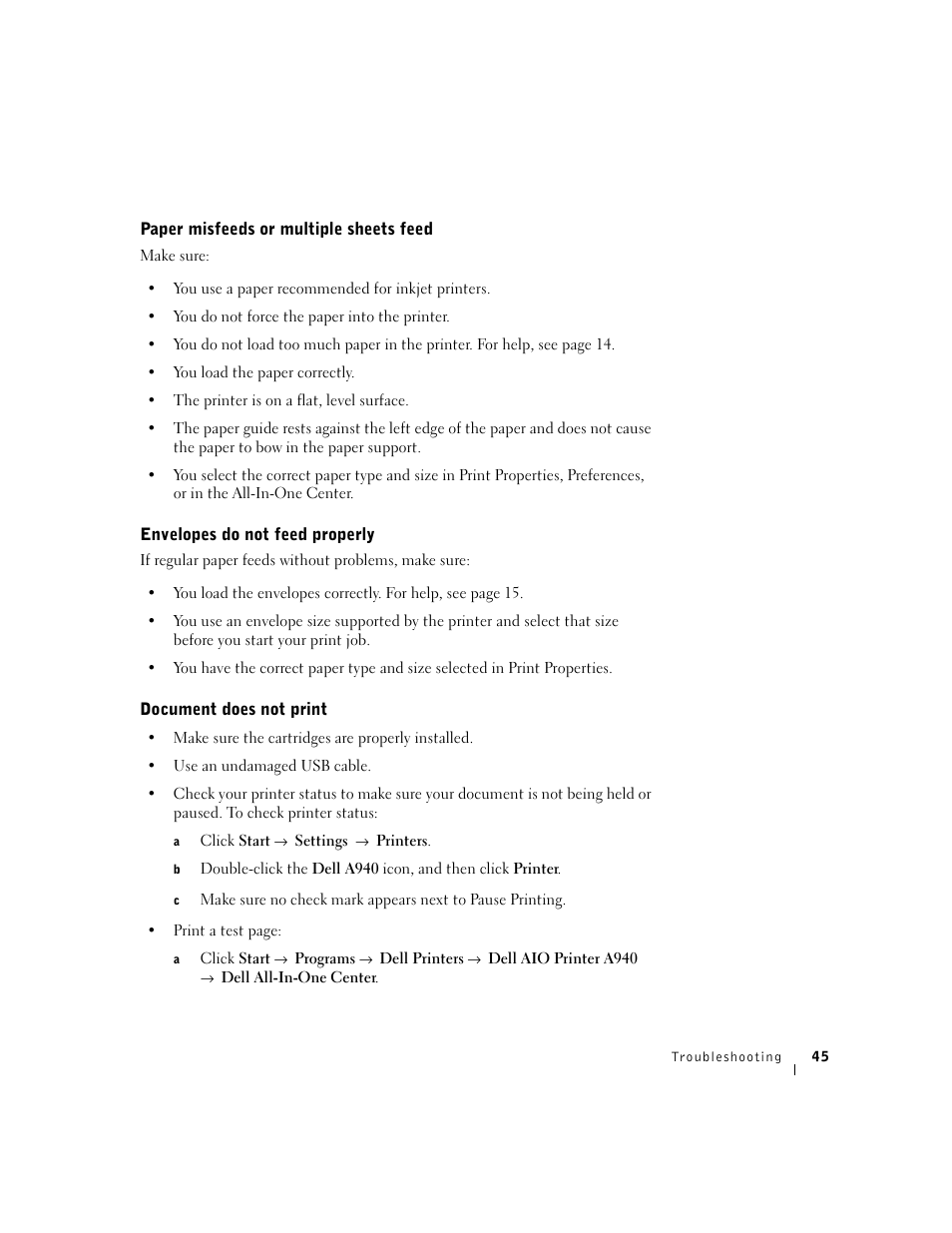 Paper misfeeds or multiple sheets feed, Envelopes do not feed properly, Document does not print | Dell A940 All In One Personal Printer User Manual | Page 57 / 102