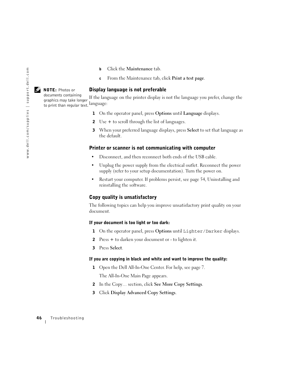 Display language is not preferable, Copy quality is unsatisfactory | Dell A940 All In One Personal Printer User Manual | Page 58 / 102