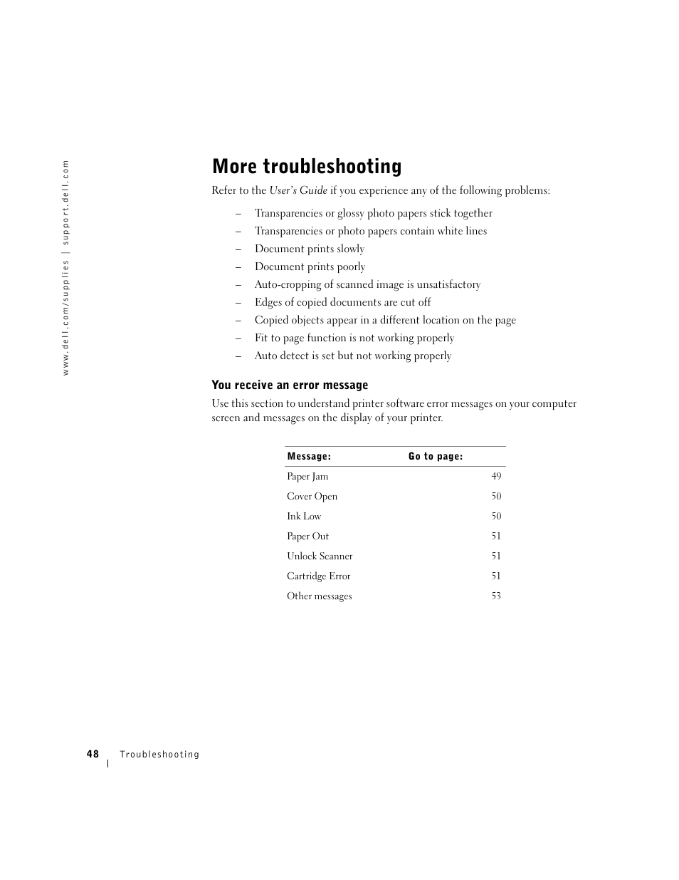 More troubleshooting, You receive an error message | Dell A940 All In One Personal Printer User Manual | Page 60 / 102