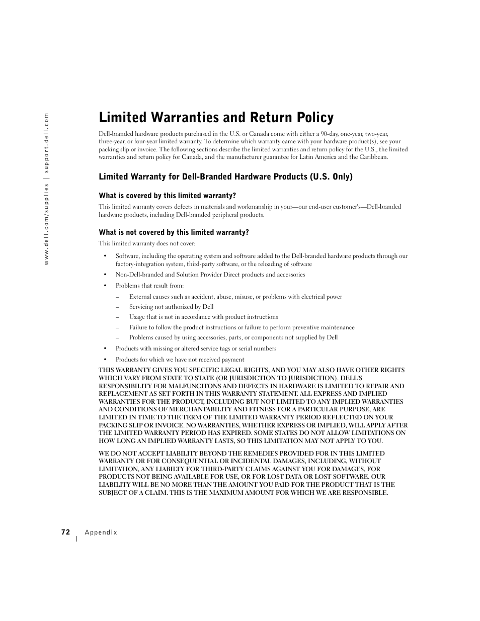 Limited warranties and return policy | Dell A940 All In One Personal Printer User Manual | Page 84 / 102