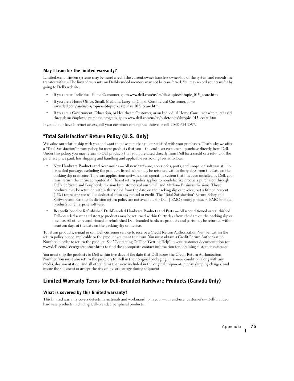 Total satisfaction" return policy (u.s. only) | Dell A940 All In One Personal Printer User Manual | Page 87 / 102