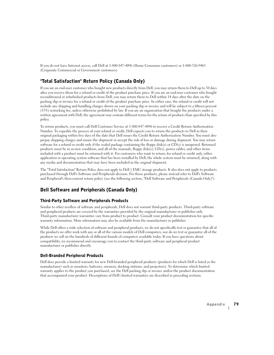 Total satisfaction" return policy (canada only), Dell software and peripherals (canada only) | Dell A940 All In One Personal Printer User Manual | Page 91 / 102
