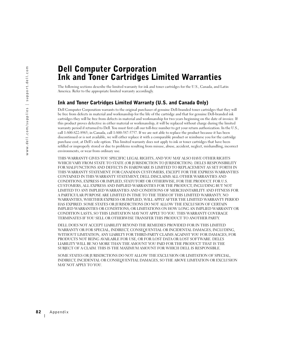 Dell computer corporation ink and toner cartridges, Limited warranties | Dell A940 All In One Personal Printer User Manual | Page 94 / 102