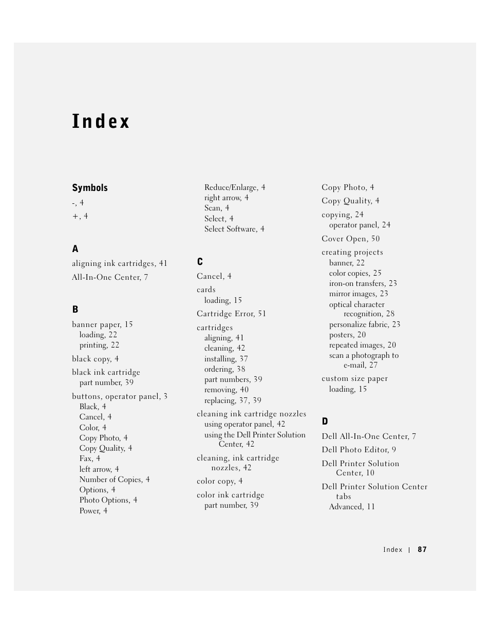 Index, I n d ex | Dell A940 All In One Personal Printer User Manual | Page 99 / 102