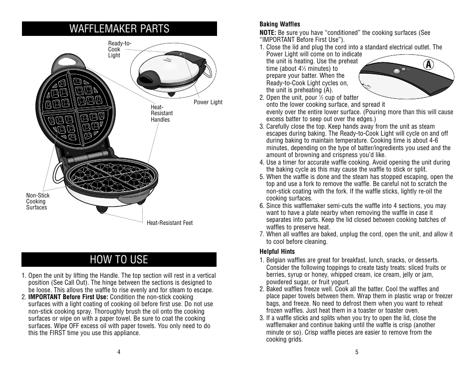 How to use, Wafflemaker parts | Black & Decker MGD700 User Manual | Page 3 / 4