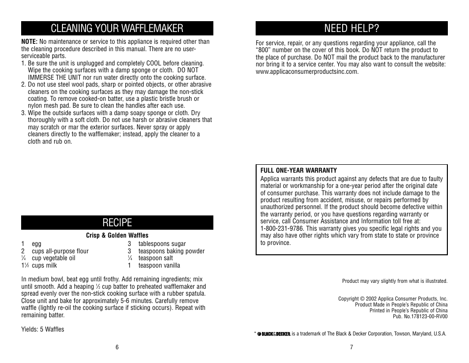 Need help, Cleaning your wafflemaker, Recipe | Black & Decker MGD700 User Manual | Page 4 / 4