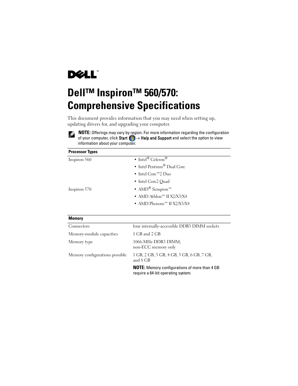 Dell Inpsiron 560 (Late 2009) User Manual | 5 pages