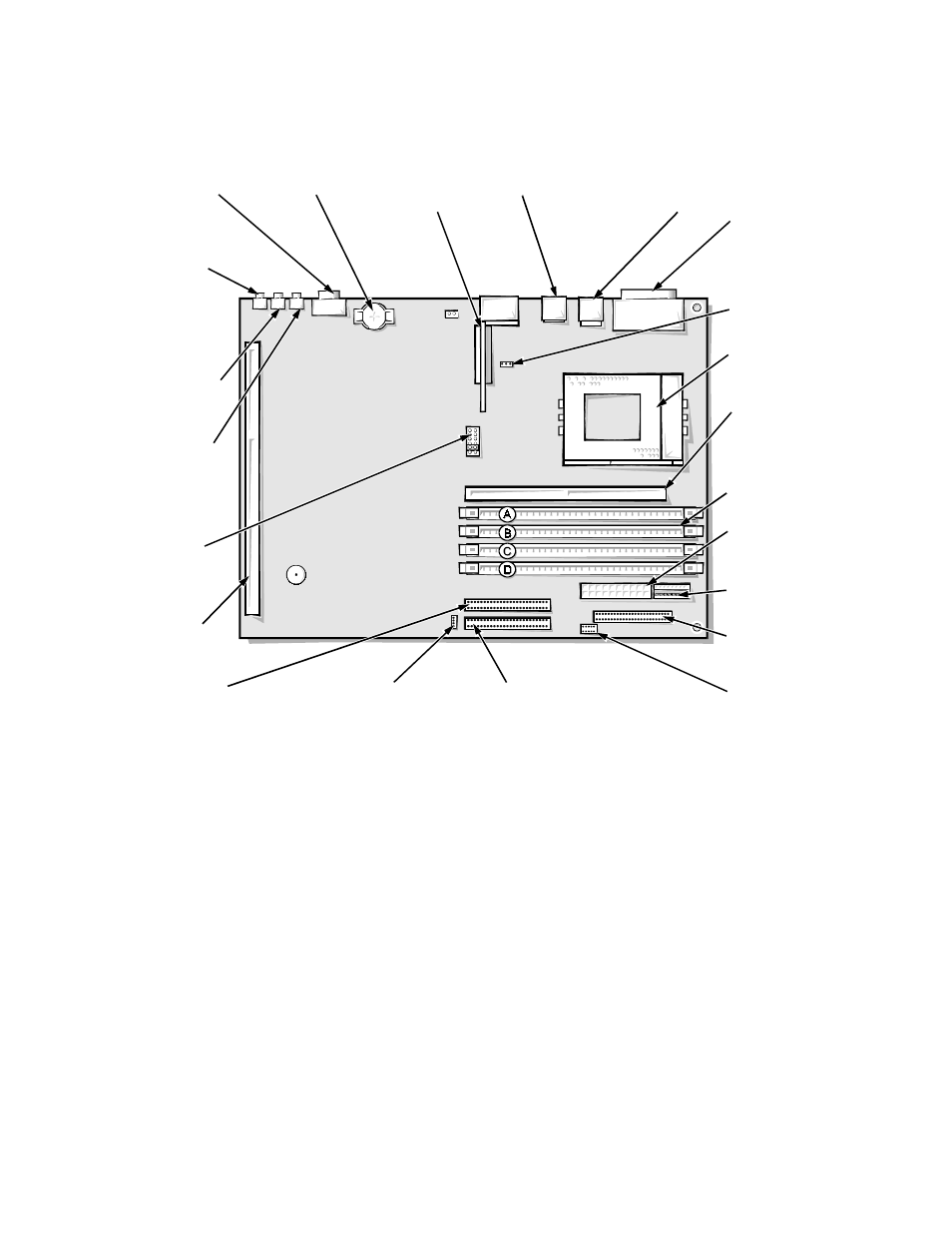 System board components, System board components -16, Figure 6-15. system board components -16 | Ystem board components, Figure 6-15. system board components | Dell OptiPlex Gxi User Manual | Page 126 / 147