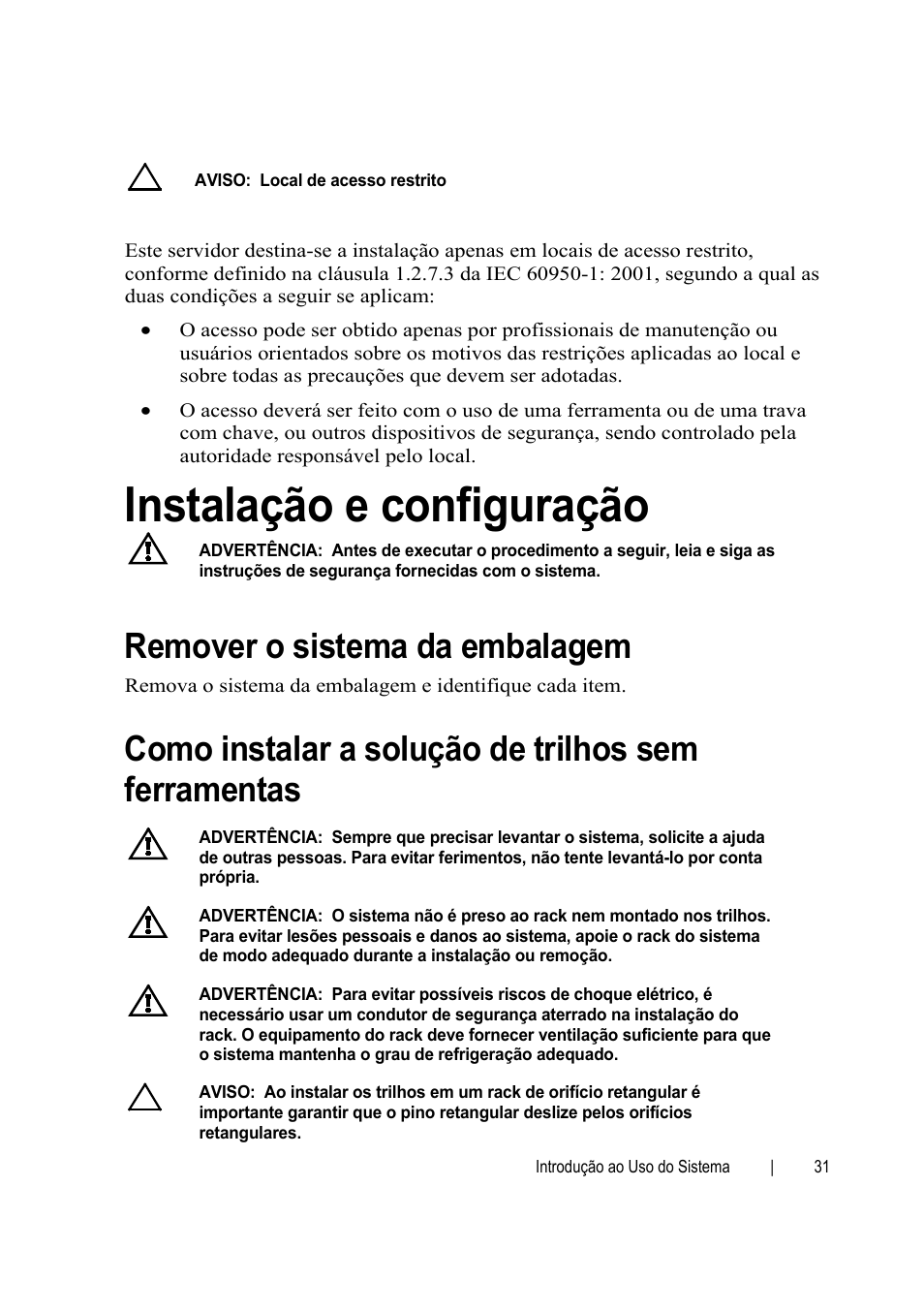 Instalação e configuração, Como instalar a solução de trilhos sem ferramentas, Remover o sistema da embalagem | Dell PowerEdge C6145 User Manual | Page 33 / 64