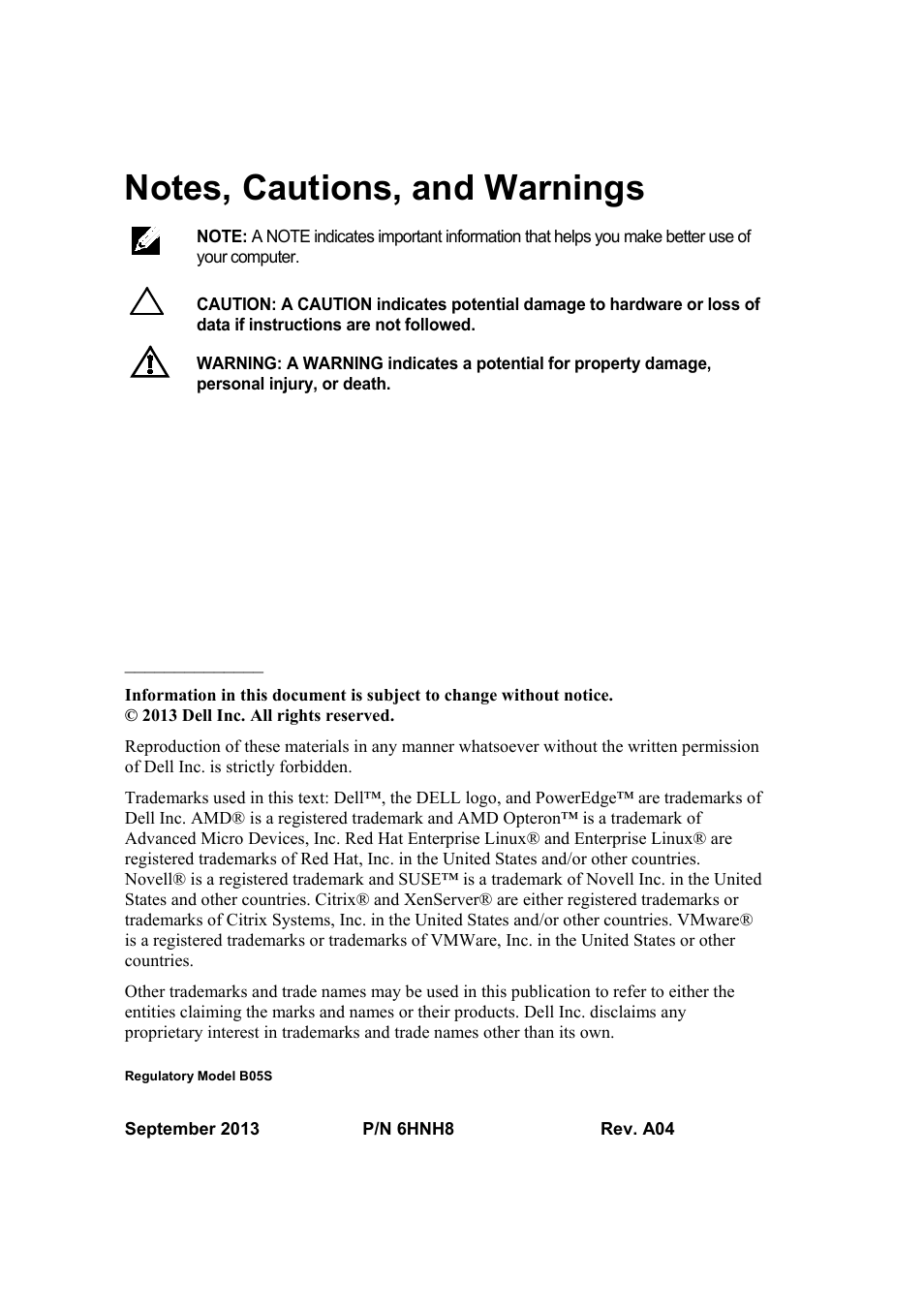 Notes, cautions, and warnings, Regulatory model b05s | Dell PowerEdge C6145 User Manual | Page 4 / 64