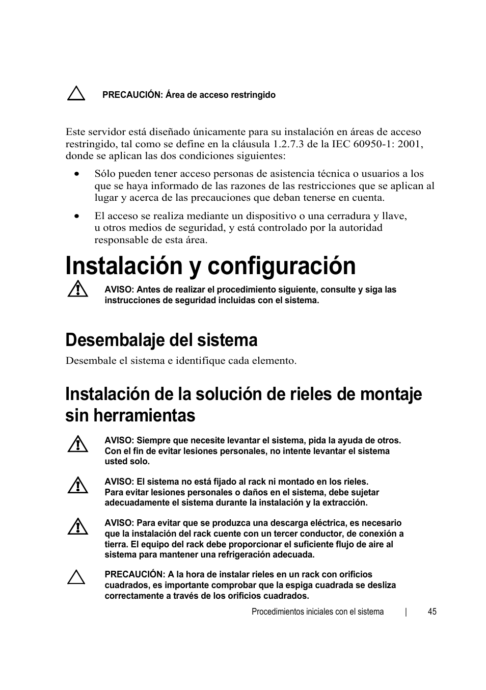 Instalación y configuración, Desembalaje del sistema | Dell PowerEdge C6145 User Manual | Page 47 / 64