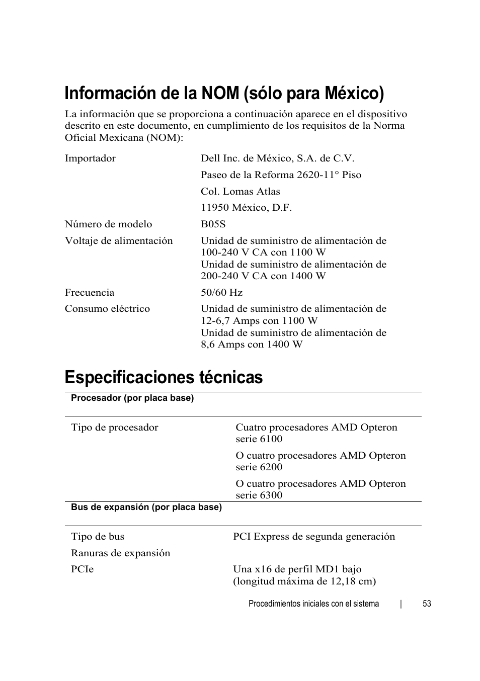 Especificaciones técnicas, Información de la nom (sólo para méxico) | Dell PowerEdge C6145 User Manual | Page 55 / 64
