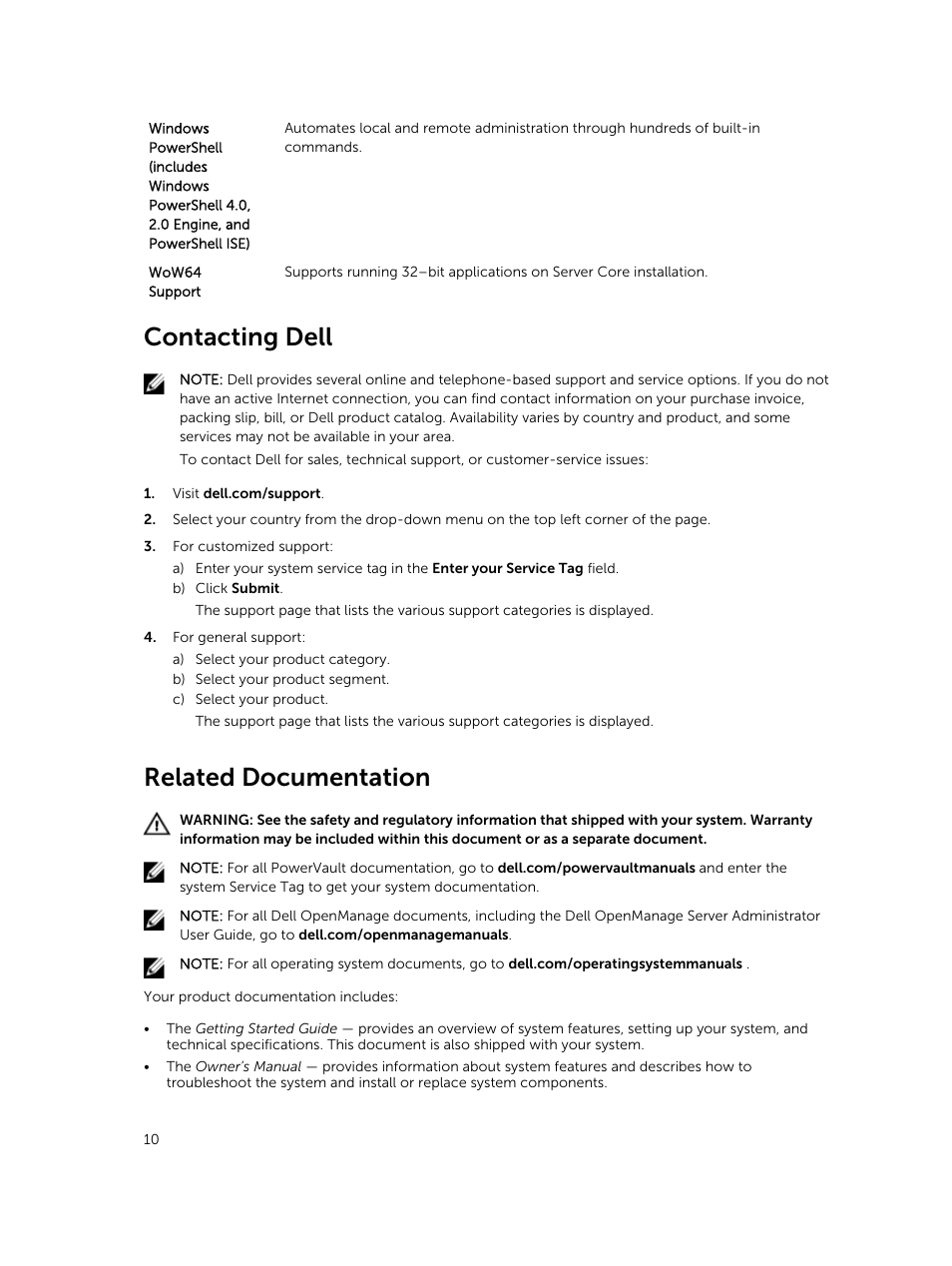 Contacting dell, Related documentation | Dell PowerVault NX3200 User Manual | Page 10 / 40