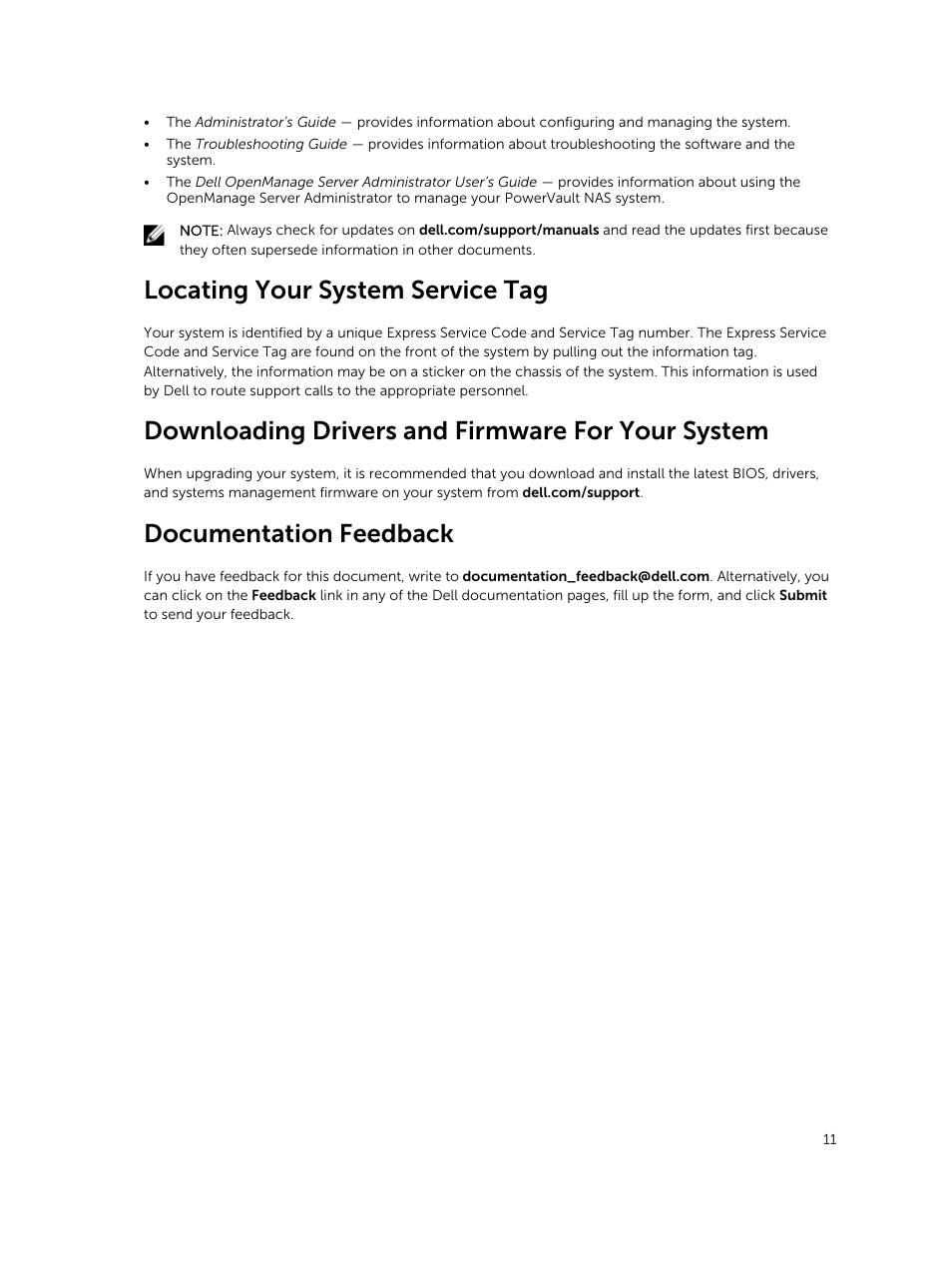 Locating your system service tag, Downloading drivers and firmware for your system, Documentation feedback | Dell PowerVault NX3200 User Manual | Page 11 / 40