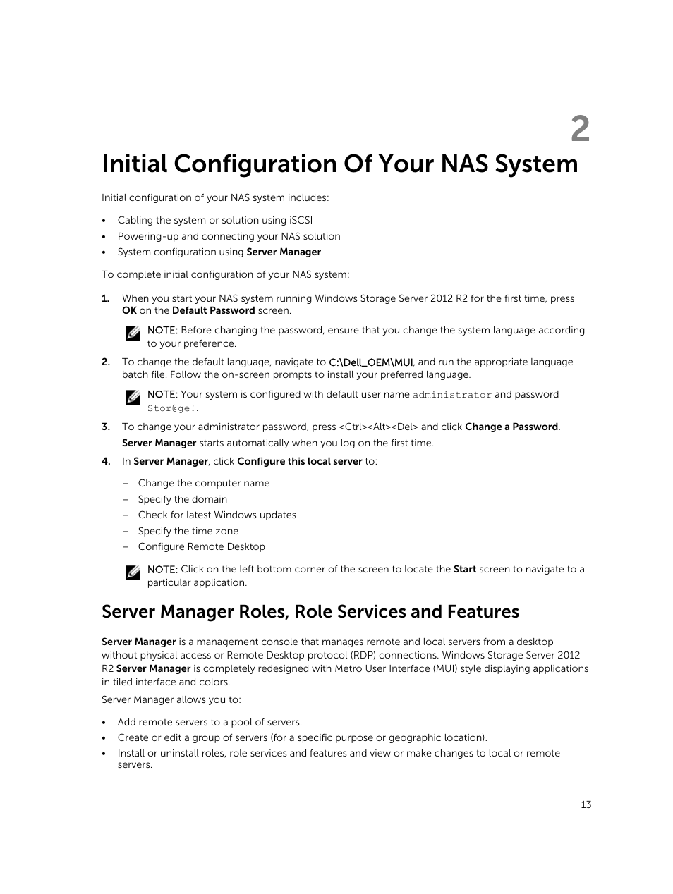Initial configuration of your nas system, Server manager roles, role services and features, 2 initial configuration of your nas system | Dell PowerVault NX3200 User Manual | Page 13 / 40