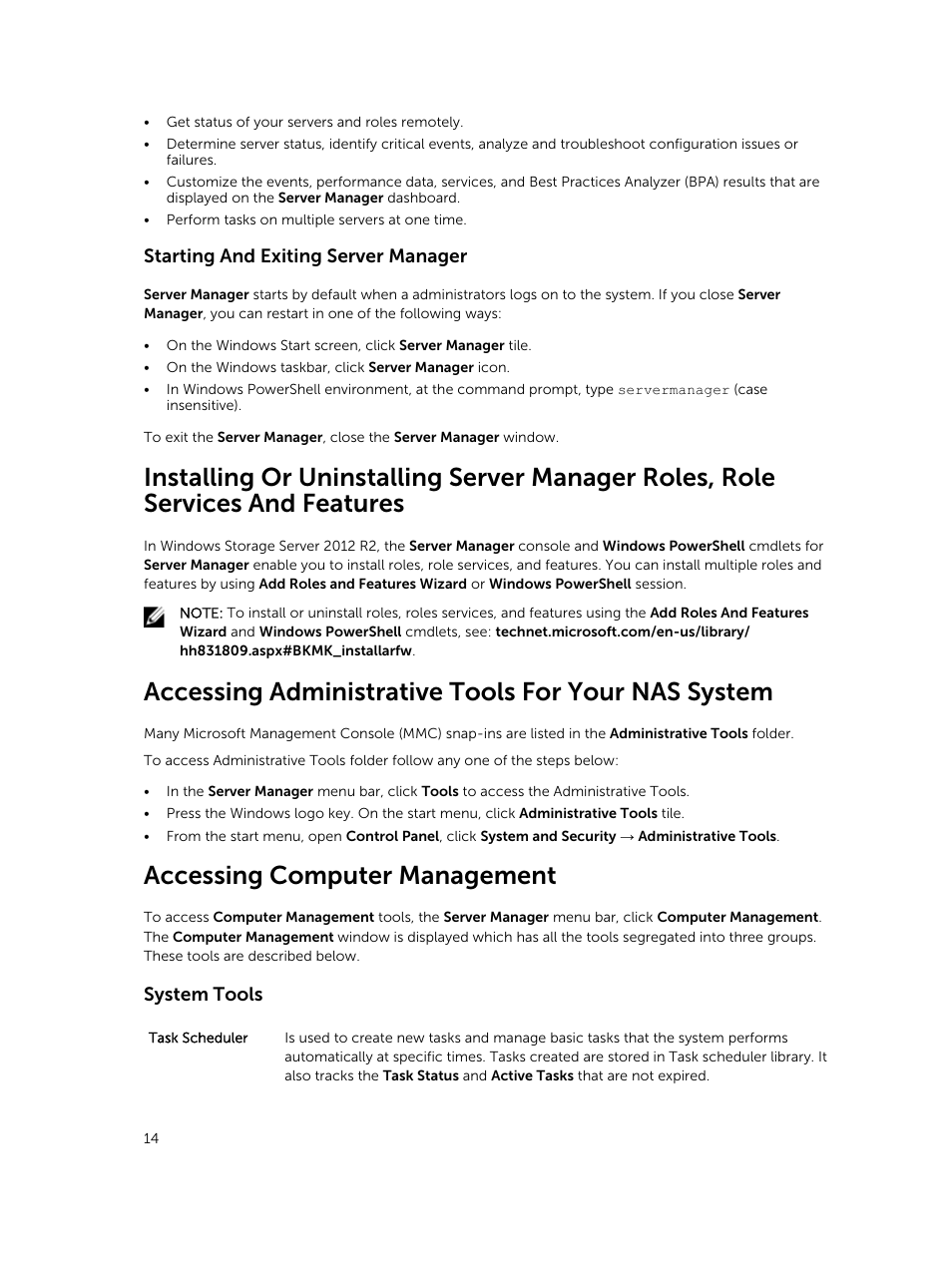 Starting and exiting server manager, Accessing administrative tools for your nas system, Accessing computer management | System tools | Dell PowerVault NX3200 User Manual | Page 14 / 40