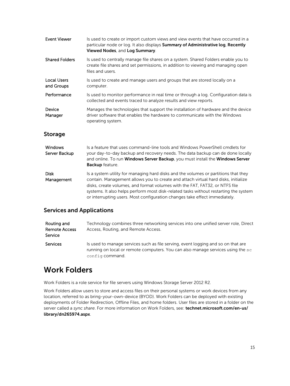 Storage, Services and applications, Work folders | Dell PowerVault NX3200 User Manual | Page 15 / 40