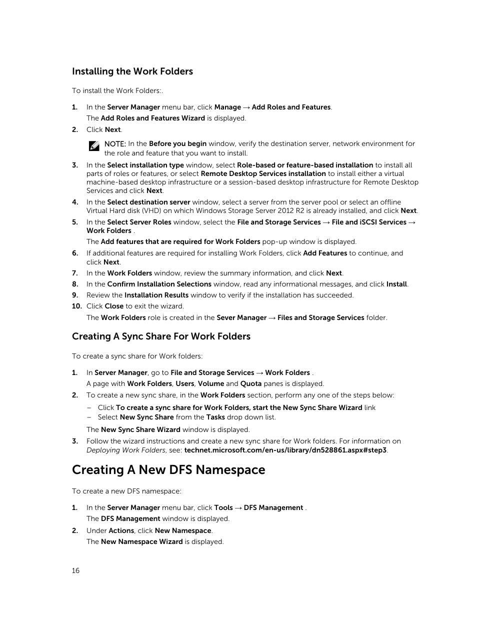 Installing the work folders, Creating a sync share for work folders, Creating a new dfs namespace | Dell PowerVault NX3200 User Manual | Page 16 / 40