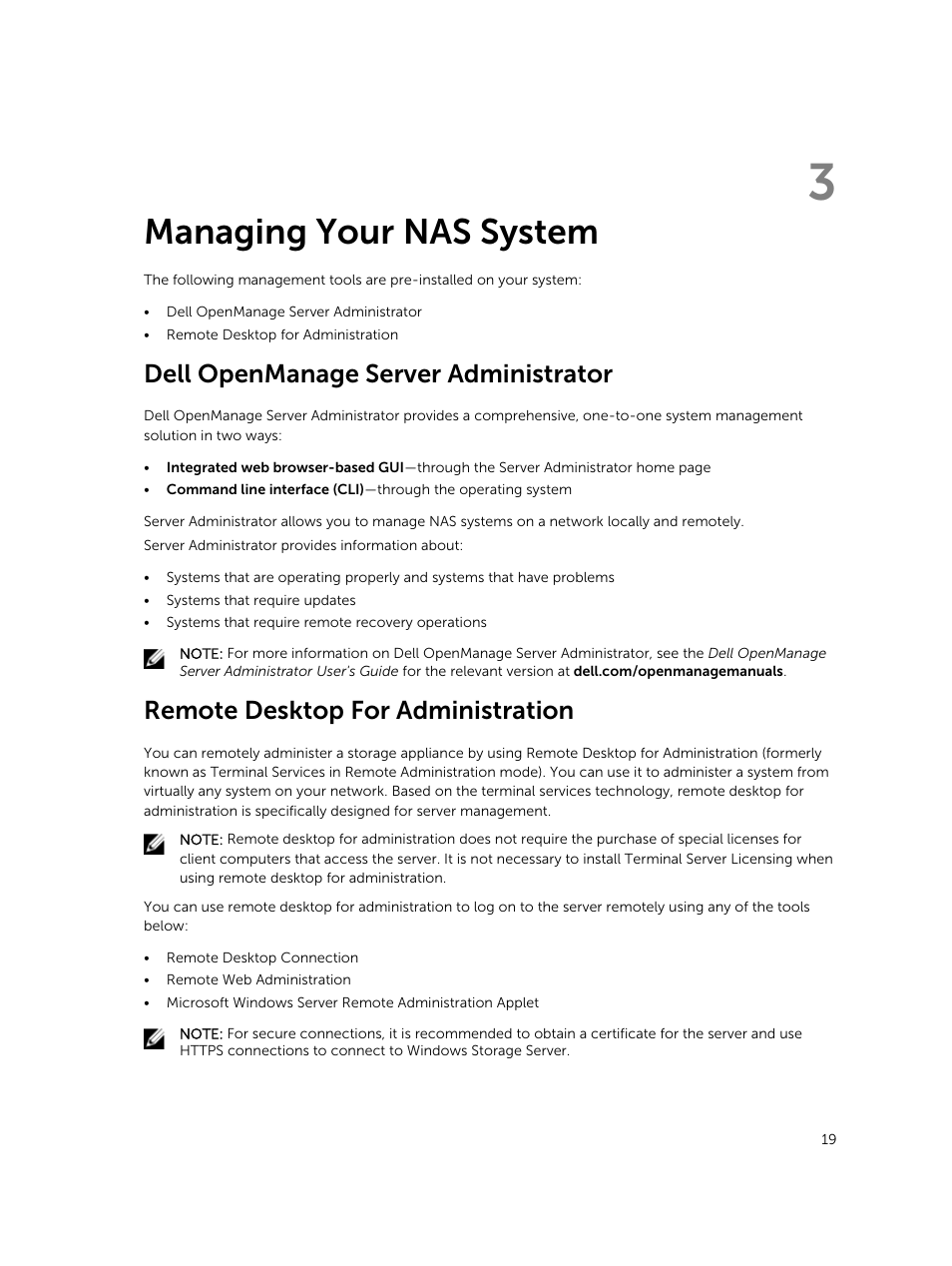 Managing your nas system, Dell openmanage server administrator, Remote desktop for administration | 3 managing your nas system | Dell PowerVault NX3200 User Manual | Page 19 / 40