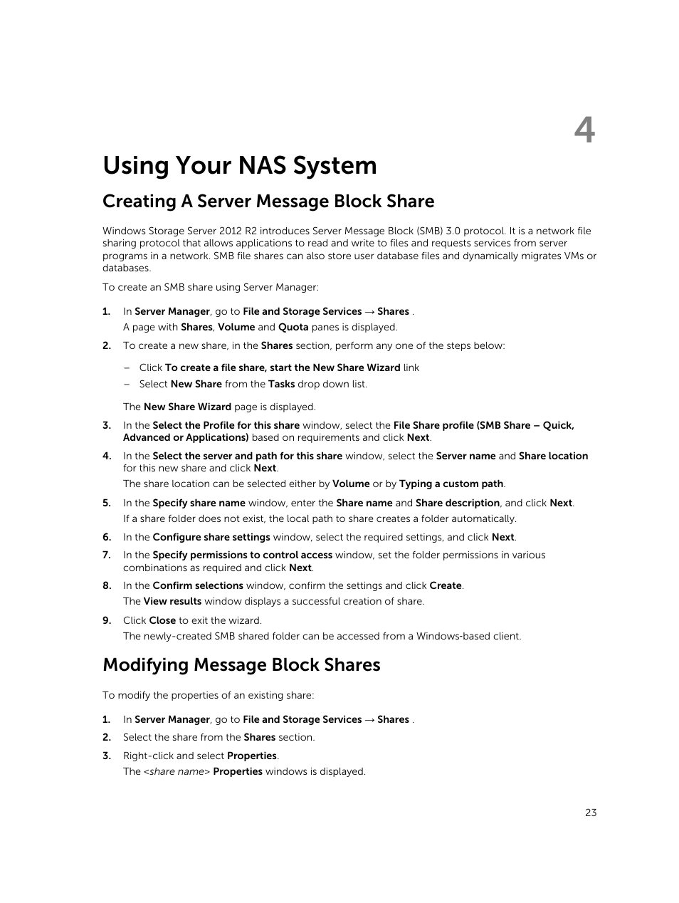 Using your nas system, Creating a server message block share, Modifying message block shares | 4 using your nas system | Dell PowerVault NX3200 User Manual | Page 23 / 40