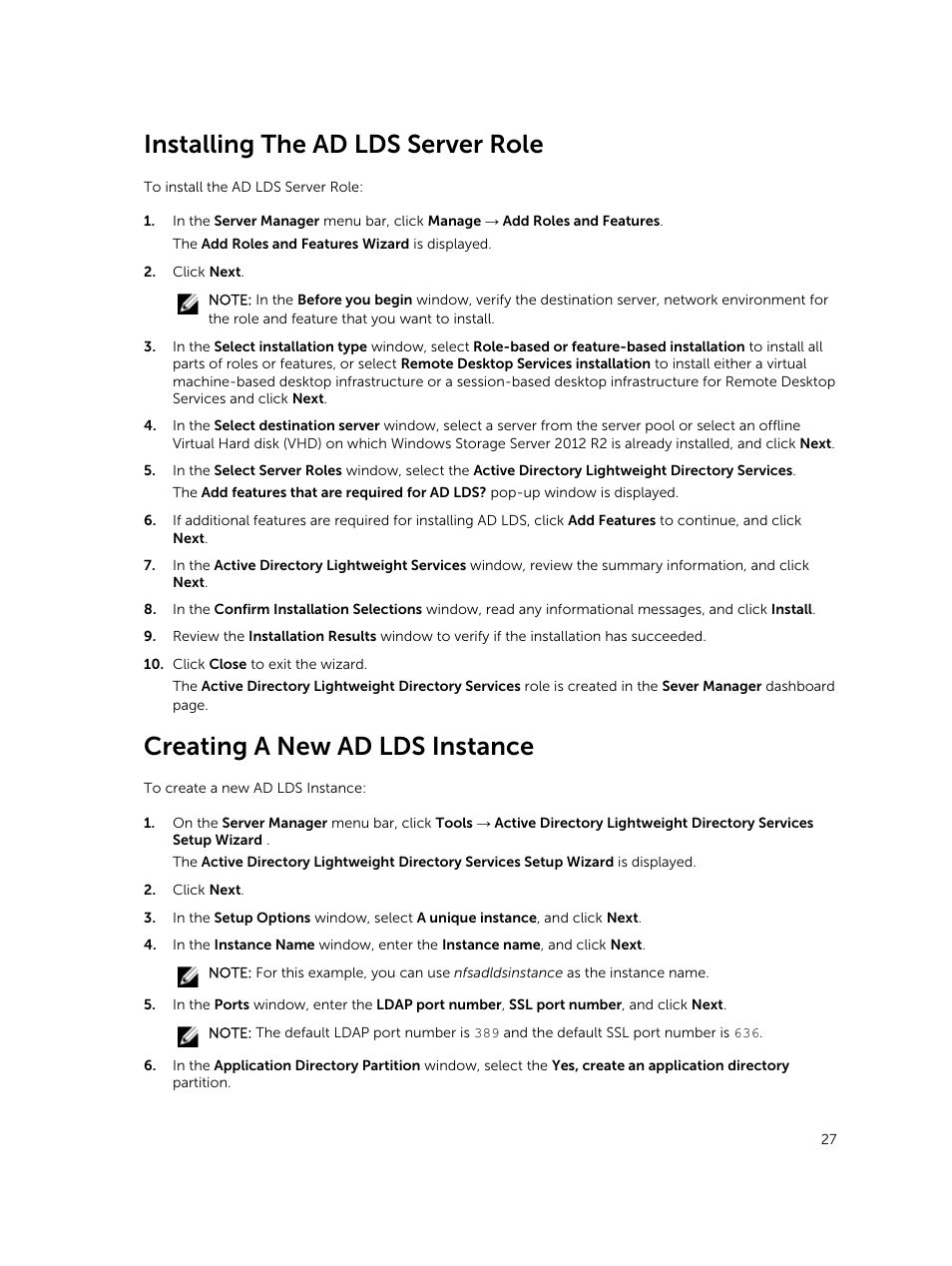 Installing the ad lds server role, Creating a new ad lds instance | Dell PowerVault NX3200 User Manual | Page 27 / 40