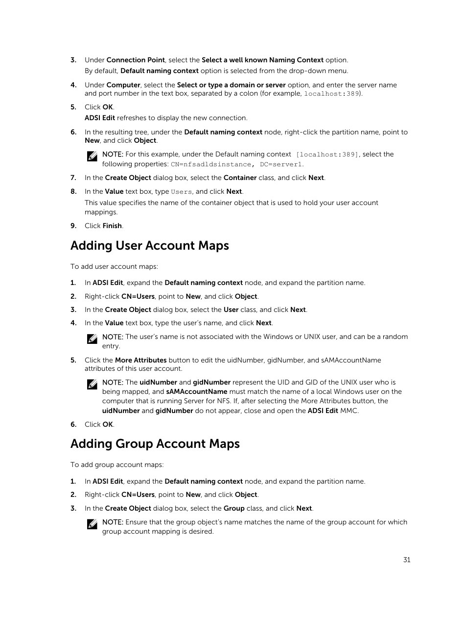 Adding user account maps, Adding group account maps, Procedure to create a user-class | Procedure to create a group-class | Dell PowerVault NX3200 User Manual | Page 31 / 40