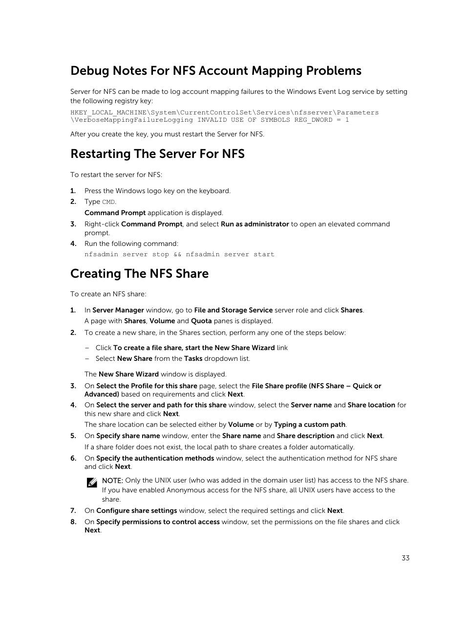 Debug notes for nfs account mapping problems, Restarting the server for nfs, Creating the nfs share | Dell PowerVault NX3200 User Manual | Page 33 / 40