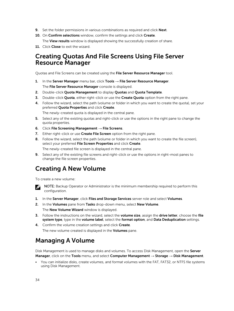Creating a new volume, Managing a volume | Dell PowerVault NX3200 User Manual | Page 34 / 40
