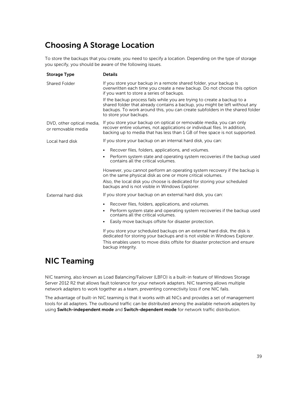 Choosing a storage location, Nic teaming | Dell PowerVault NX3200 User Manual | Page 39 / 40
