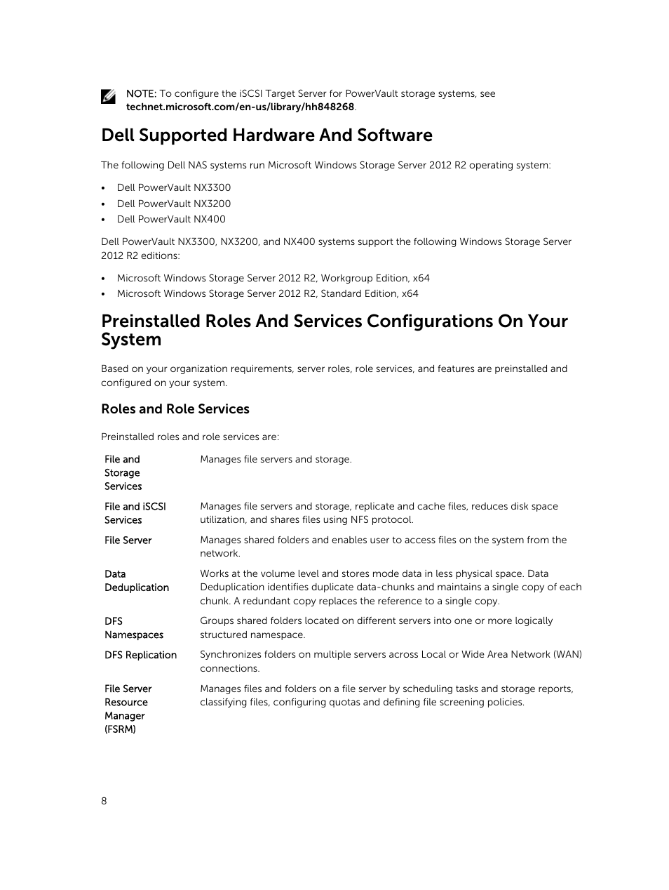 Dell supported hardware and software, Roles and role services | Dell PowerVault NX3200 User Manual | Page 8 / 40