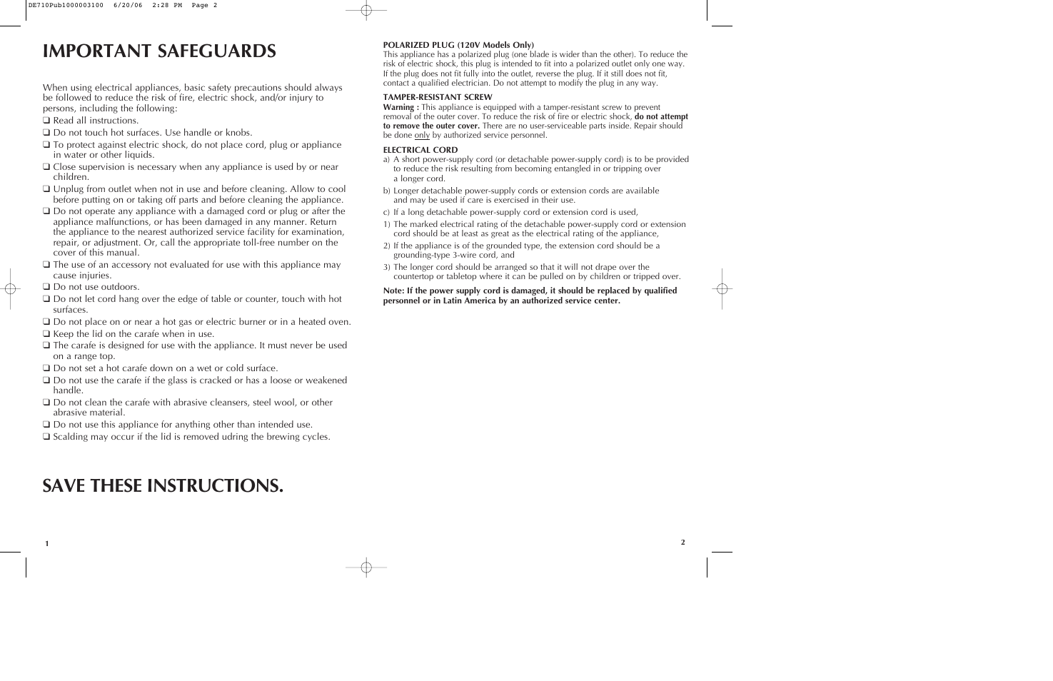 Important safeguards, Save these instructions | Black & Decker DE710 User Manual | Page 2 / 13