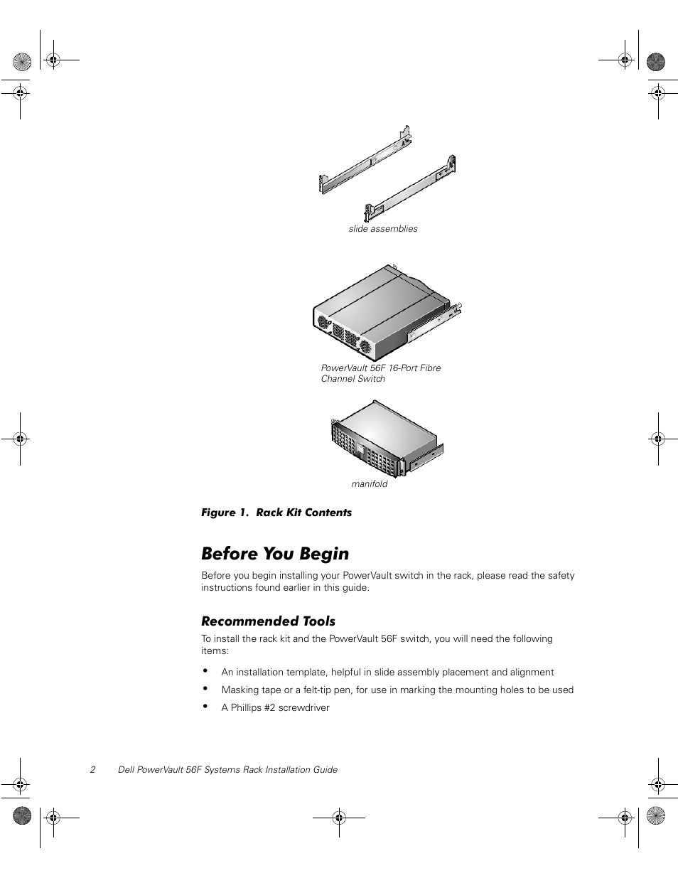 Figure 1. rack kit contents, Before you begin, Recommended tools | Figure 1, Rack kit contents | Dell PowerVault 51F (8P Fibre Channel Switch) User Manual | Page 16 / 28