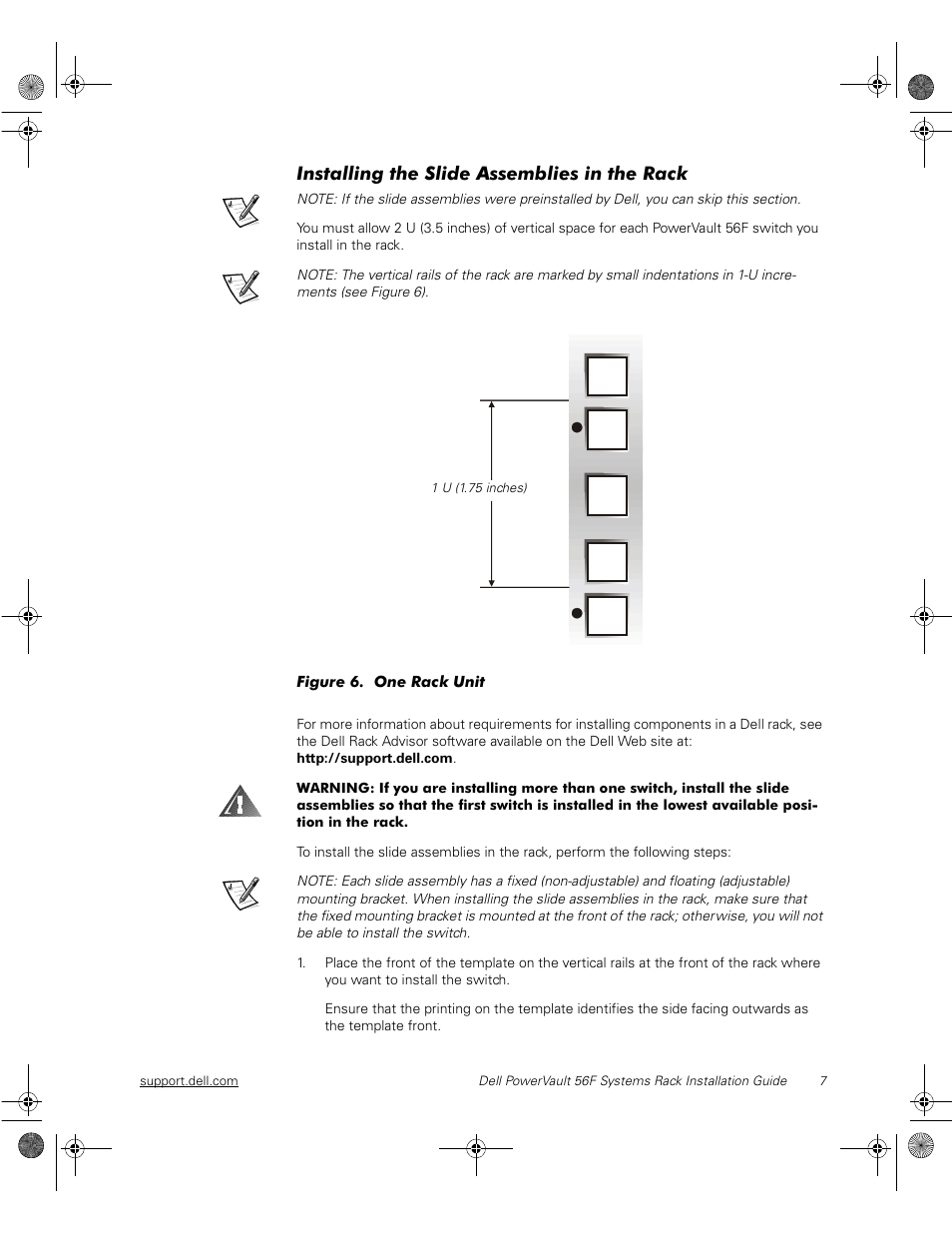 Installing the slide assemblies in the rack, Figure 6. one rack unit, Figure 6 | One rack unit | Dell PowerVault 51F (8P Fibre Channel Switch) User Manual | Page 21 / 28