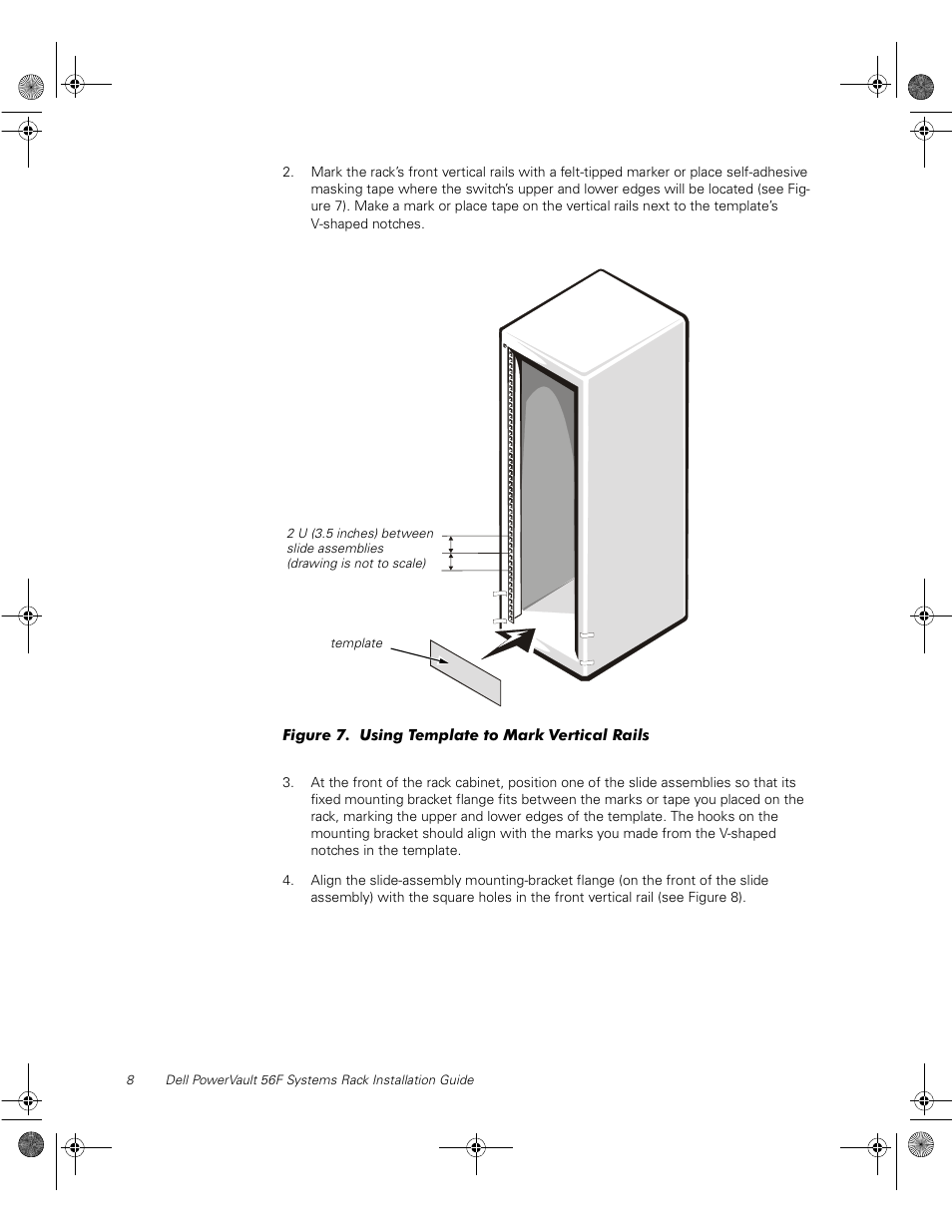 Figure 7. using template to mark vertical rails, Figure 7, Using template to mark vertical rails | Dell PowerVault 51F (8P Fibre Channel Switch) User Manual | Page 22 / 28