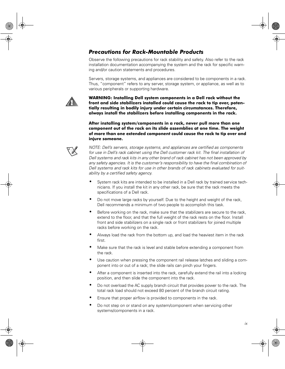 Precautions for rack-mountable products | Dell PowerVault 51F (8P Fibre Channel Switch) User Manual | Page 7 / 28