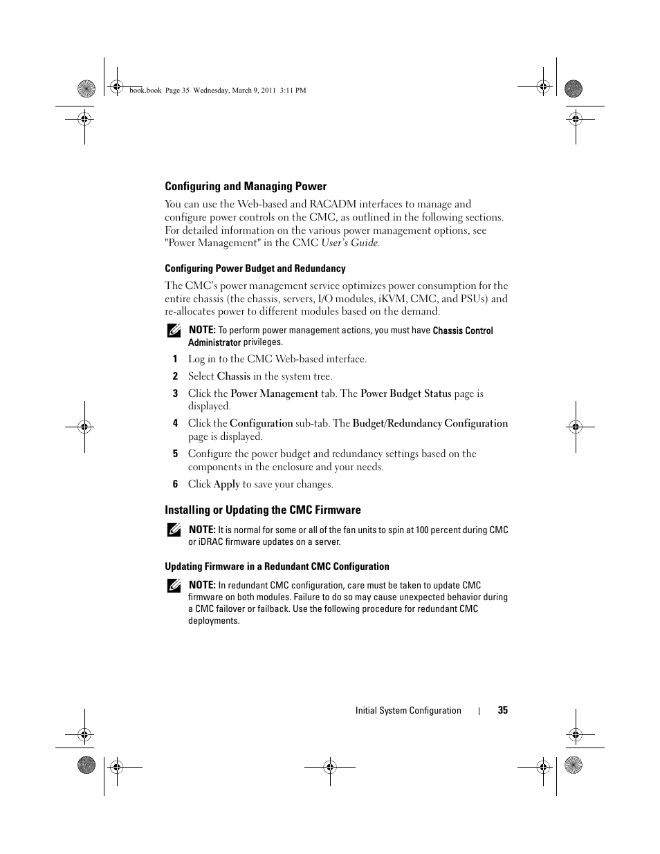 Configuring and managing power, Installing or updating the cmc firmware | Dell POWEREDGE M1000E User Manual | Page 35 / 86