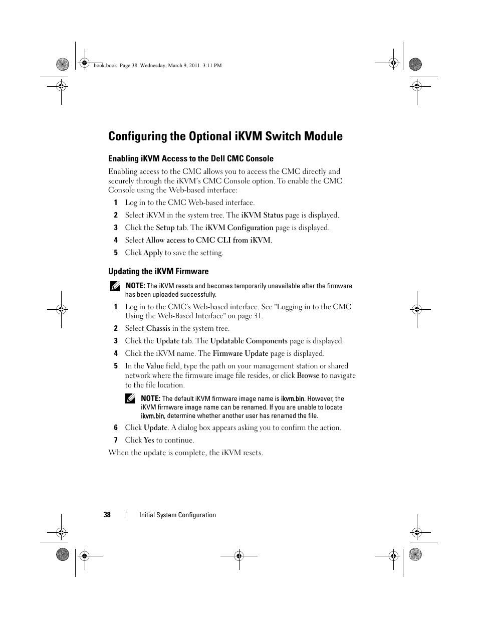 Configuring the optional ikvm switch module, Enabling ikvm access to the dell cmc console, Updating the ikvm firmware | Enabling ikvm access to the dell, Cmc console | Dell POWEREDGE M1000E User Manual | Page 38 / 86