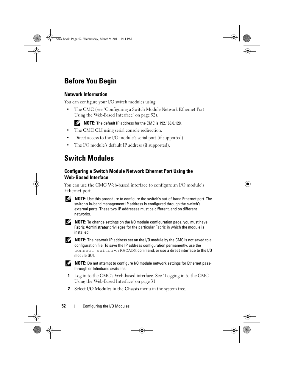 Before you begin, Network information, Switch modules | Configuring a switch module network, Ethernet port using the, Web-based interface | Dell POWEREDGE M1000E User Manual | Page 52 / 86