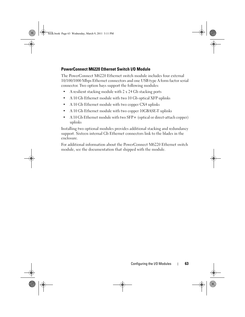 Powerconnect m6220 ethernet switch i/o module, Powerconnect m6220 ethernet switch, I/o module | Dell POWEREDGE M1000E User Manual | Page 63 / 86