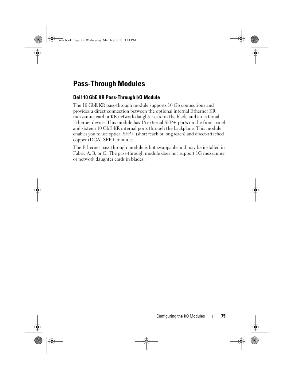 Pass-through modules, Dell 10 gbe kr pass-through i/o module | Dell POWEREDGE M1000E User Manual | Page 75 / 86